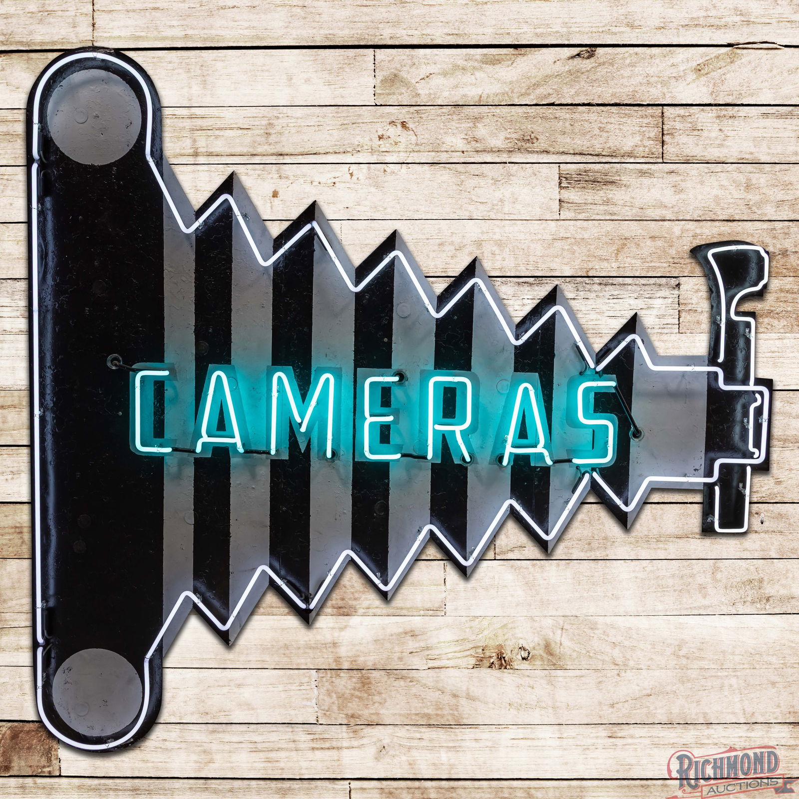 Cameras Die Cut 8' Double Sided Tin Factory Neon Sign w/ Early Bellows Camera: DST (Double Sided Tin) die cut factory neon sign with the original metal can has very good color and shine. The sign is designed in the shape of an early bellows-style camera with vibrant two-color ne