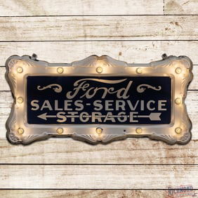 Ford Sales Service Storage 6' SS Porcelain Sign w/ Emb. SS Porcelain Ornate Frame w/ Bulbs