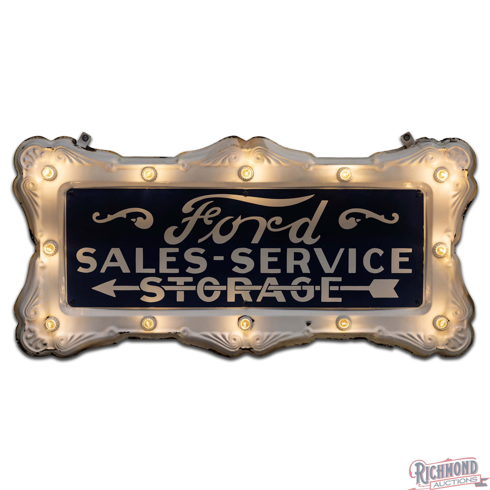 Ford Sales Service Storage 6' SS Porcelain Sign w/ Emb. SS Porcelain Ornate Frame w/ Bulbs - 2
