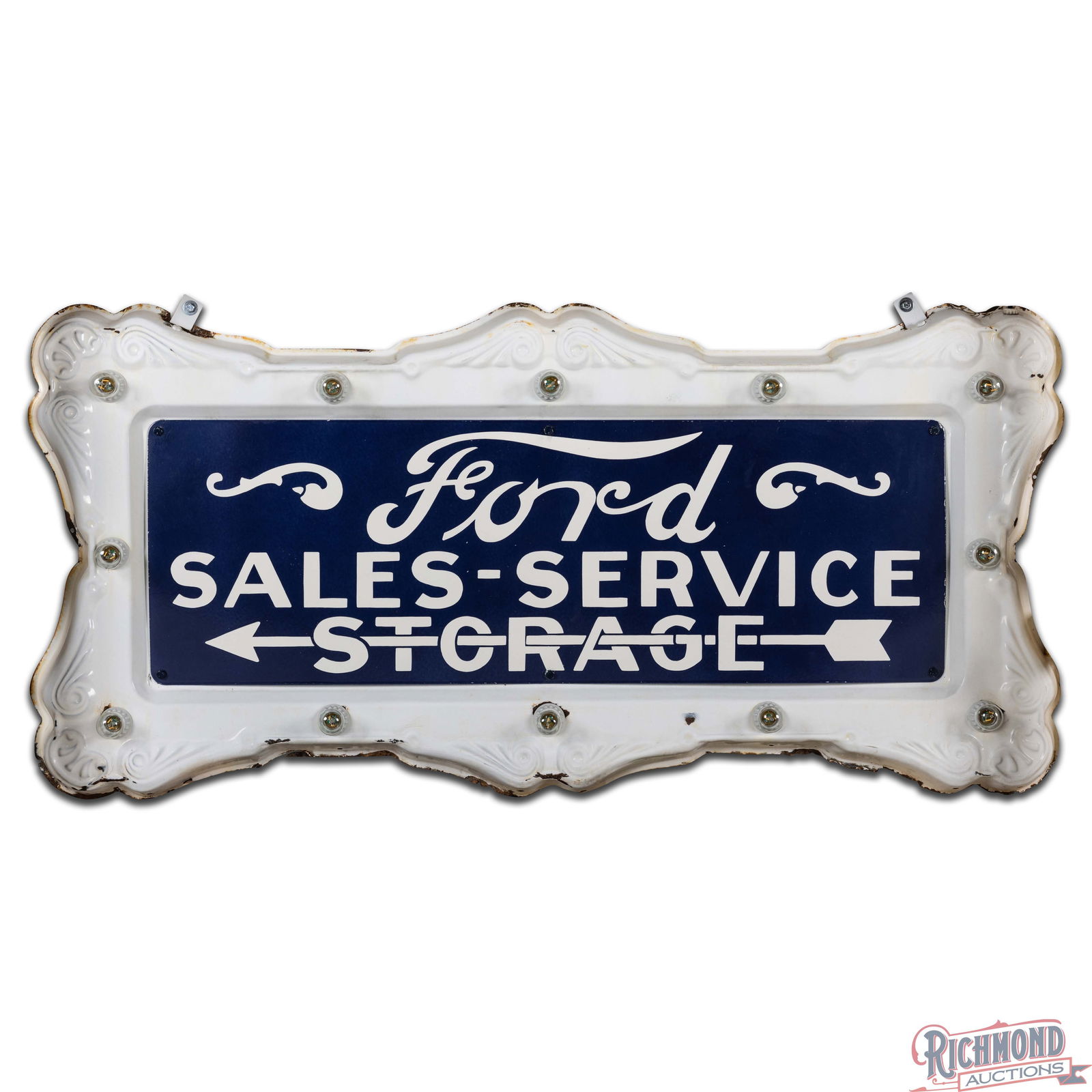 Ford Sales Service Storage 6' SS Porcelain Sign w/ Emb. SS Porcelain Ornate Frame w/ Bulbs - 3