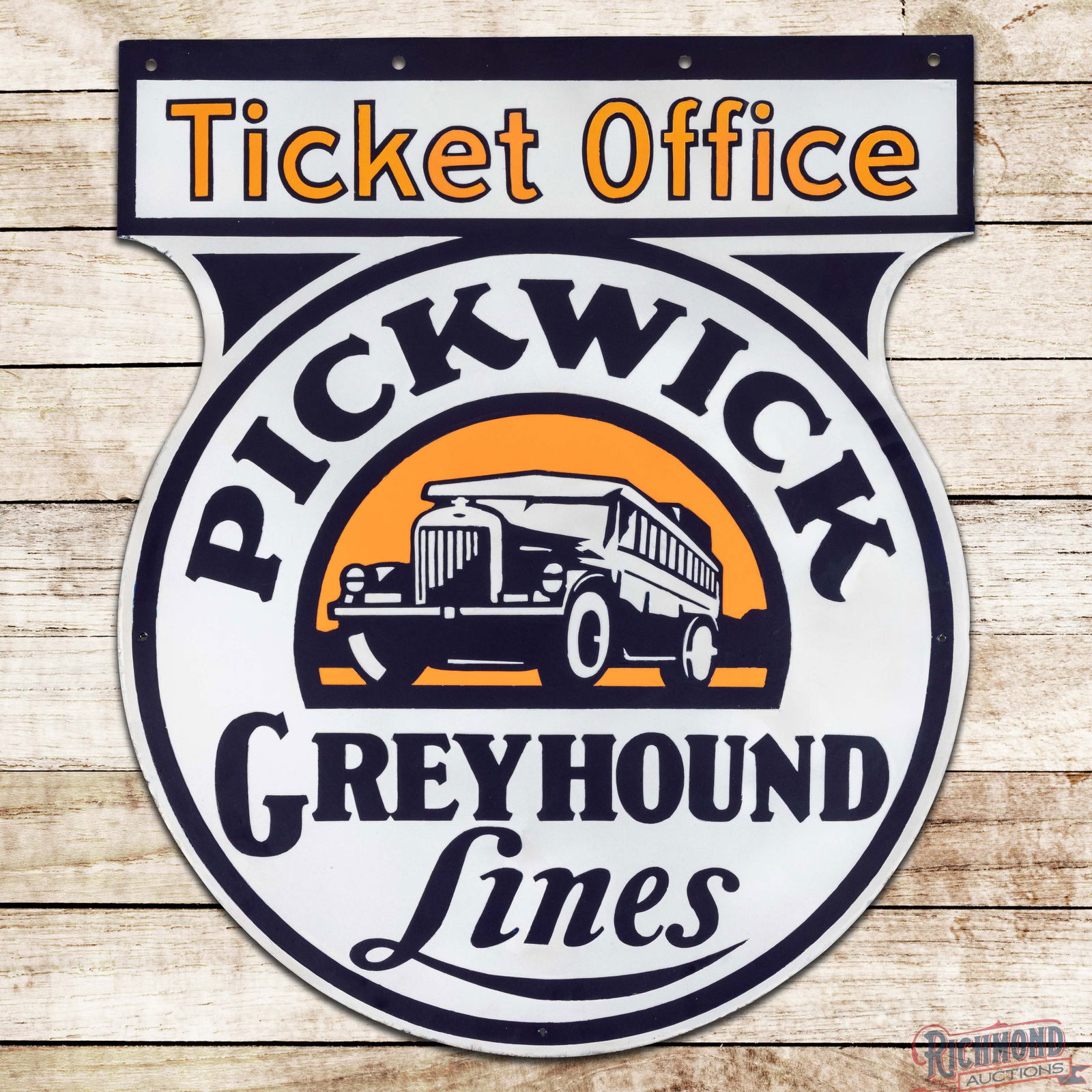 Pickwick Greyhound Lines Ticket Office Die Cut Double Sided Porcelain Sign: DSP (Double Sided Porcelain) die cut keyhole shaped sign has been professionally restored. The sign features outstanding graphics of an early bus in the field and would have been used between 1928 and