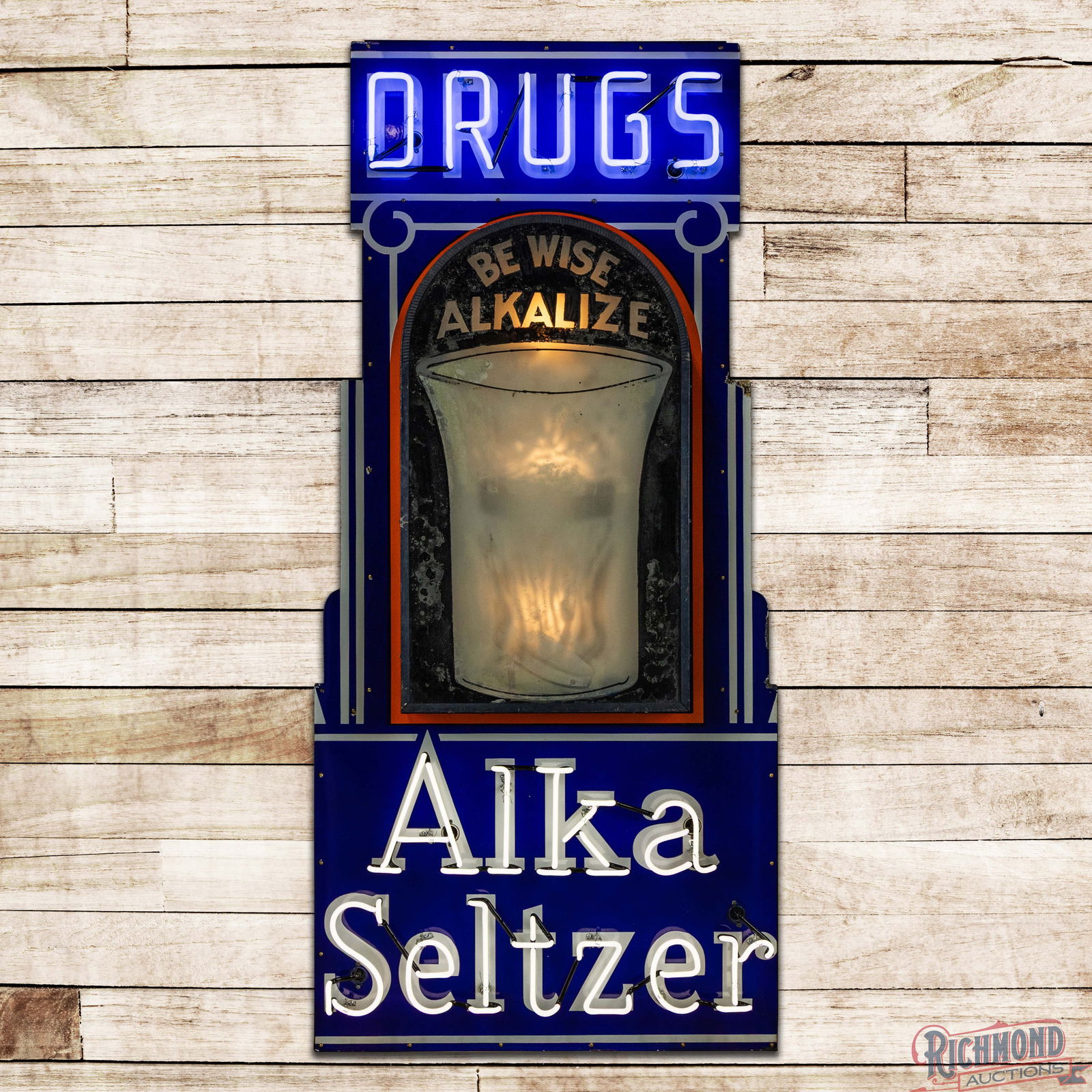 Alka Seltzer Drugs Be Wise Alkalized 6.5' Porcelain Factory Neon Sign w/ Animated Reverse on Glass: SSP (Single Sided Porcelain) factory neon sign with reverse on glass center panel and the original metal can has excellent color and gloss. The center reverse on glass panel features a motion light on