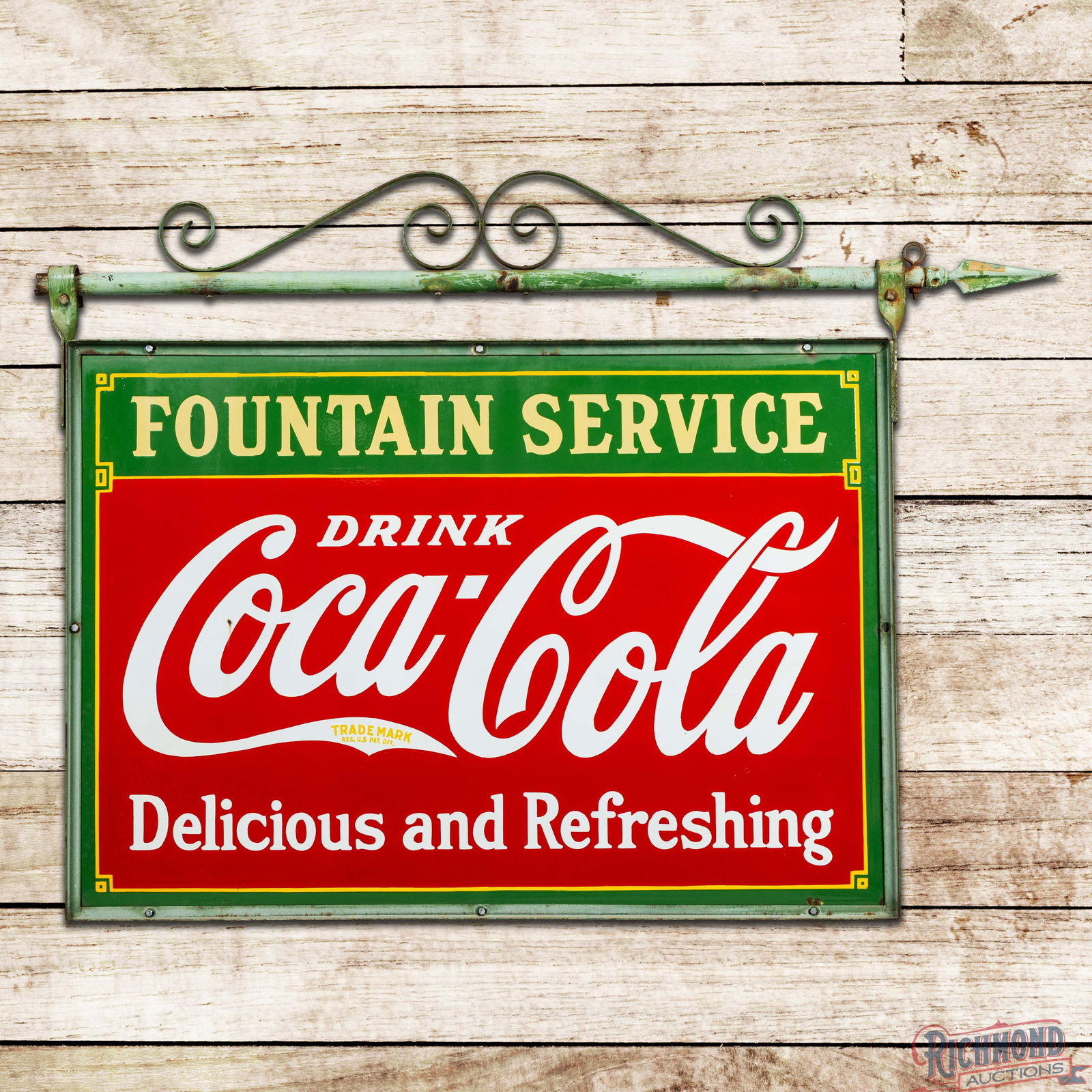 Fountain Service Drink Coca Cola Delicious & Refreshing DS Porcelain Sign w/ Factory Frame/Bracket: Iconic DSP (Double Sided Porcelain) Coke sign with factory frame, hangers and decorative hanging bar has outstanding color and gloss. The display is exceptionally clean with minor surface imperfection