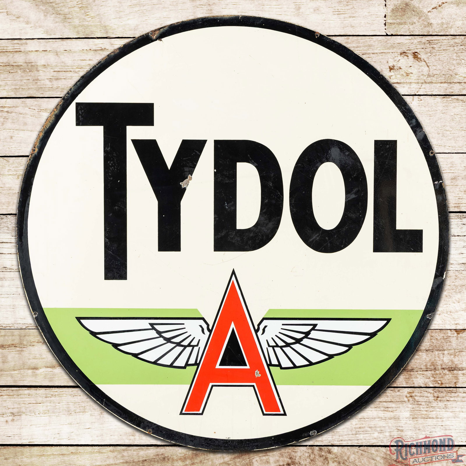 Tydol Flying A Gasoline 6' Double Sided Porcelain ID Sign w/ Logo: DSP (Double Sided Porcelain) sign has very good color and gloss. The display has light wear with marks and chips in the fields. The perimeter has wear at the mounting holes and edges with areas of