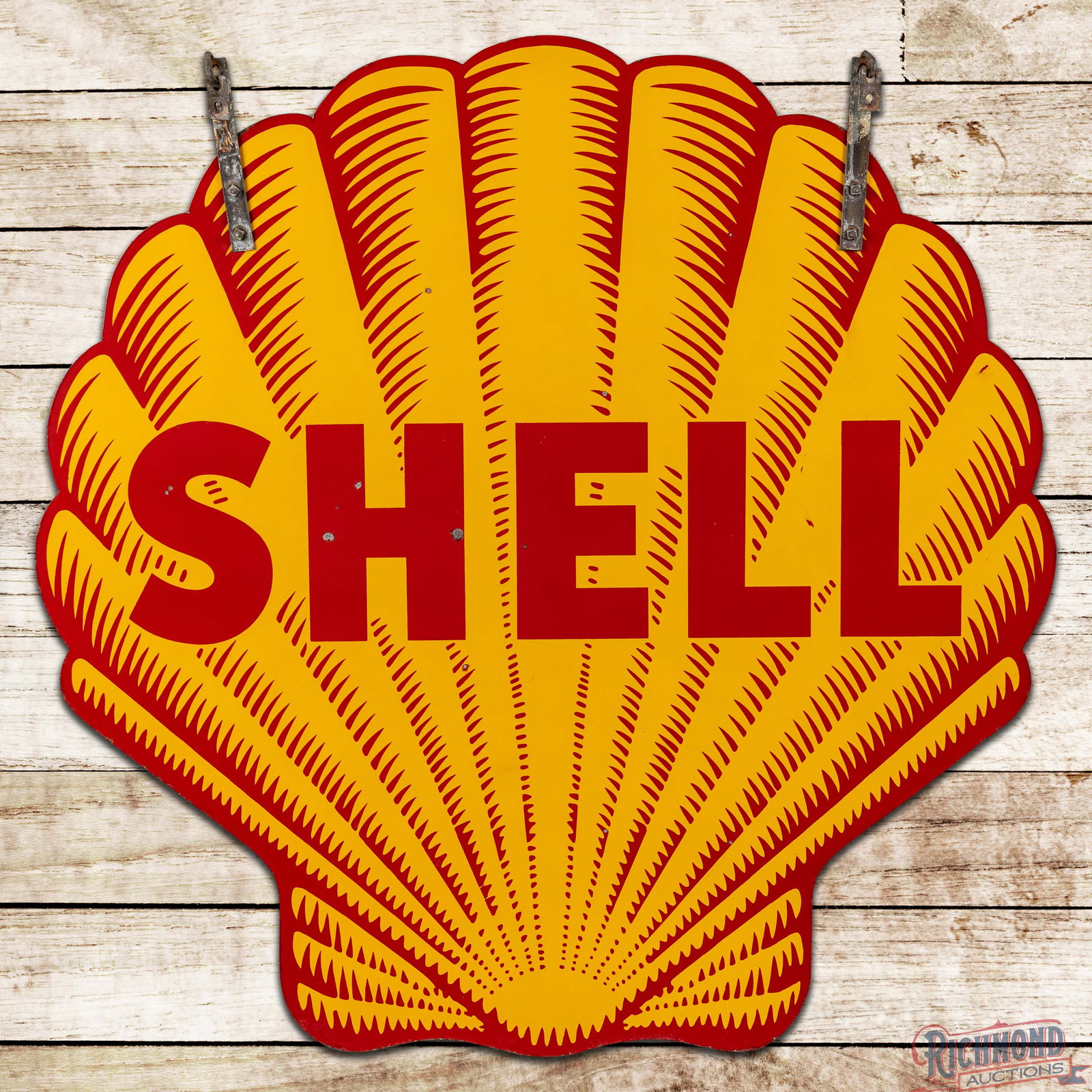 Shell Gasoline Shark Tooth 48" Double Sided Porcelain Service Station Sign: DSP (Double Sided Porcelain) sign with factory hanging straps has excellent color and gloss. The field has small chips in and around the lettering. The perimeter has small chips and light wear along