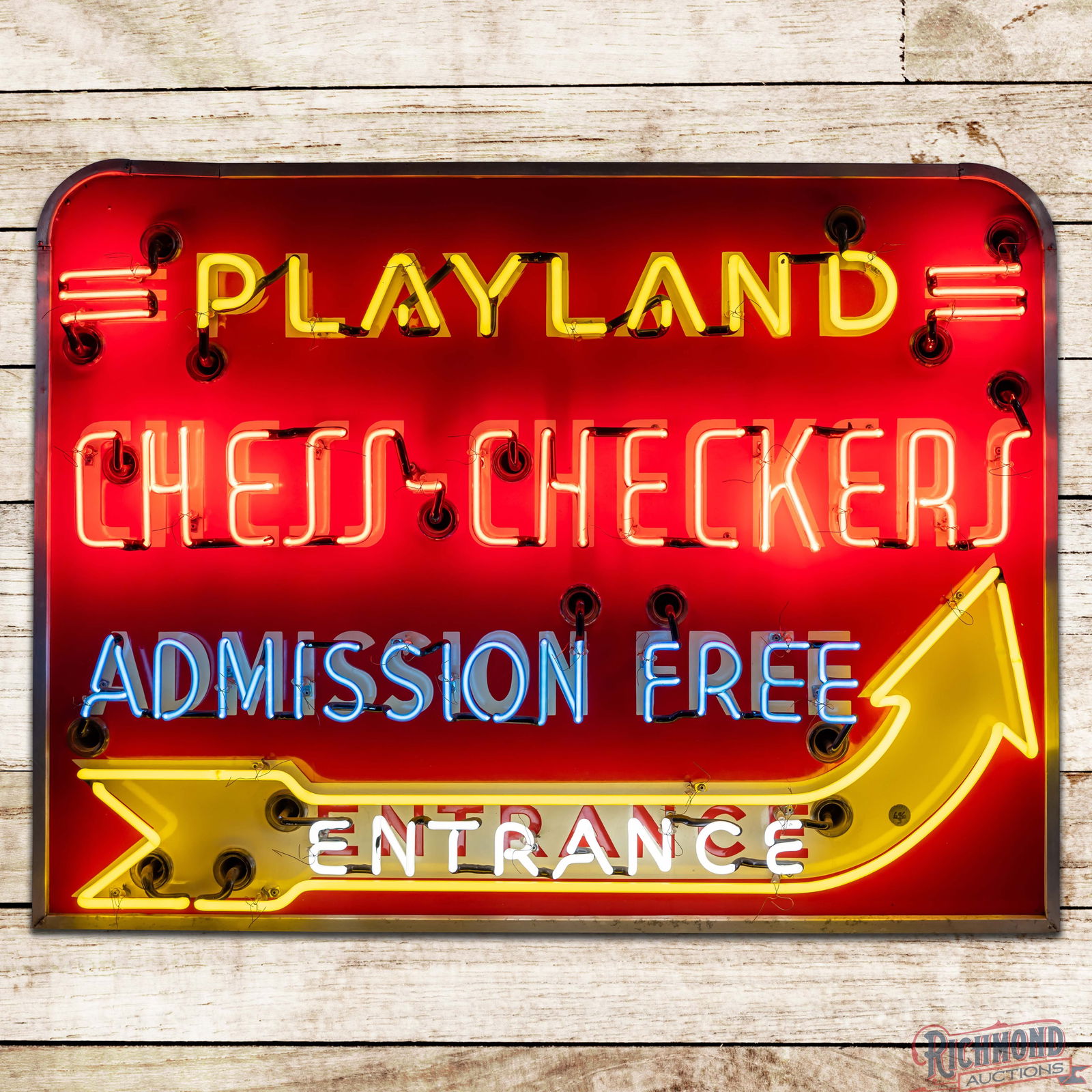 Rare Playland Chess Checkers Admission Free Entrance 4' Factory Neon Sign w/ Arrow: SSP (Single Sided Porcelain) factory neon sign with metal can has outstanding color and gloss. The sign features four color neon with flashing "Entrance" lettering and arrow in the lower field. The fi