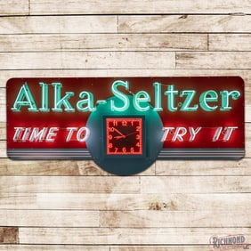 Incredible Alka Seltzer "Time to Try It" 8.5' Single Sided Porcelain Factory Neon Sign w/ Clock