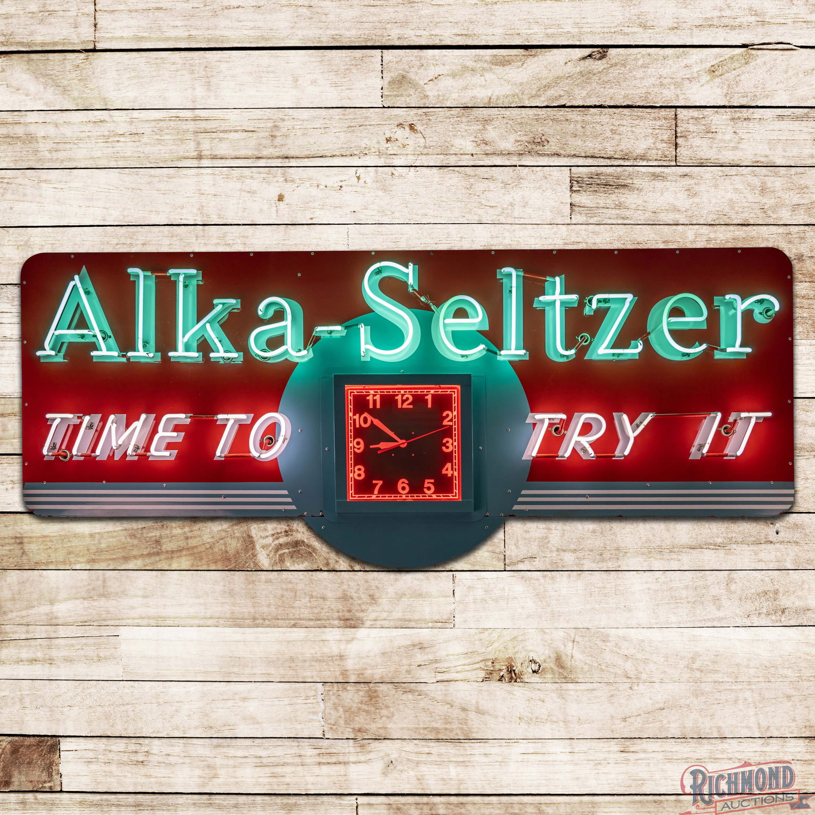 Incredible Alka Seltzer "Time to Try It" 8.5' Single Sided Porcelain Factory Neon Sign w/ Clock: SSP (Single Sided Porcelain) factory neon sign with neon advertising clock and metal can has excellent color and gloss. The sign features a two-color neon sign with a neon advertising clock in the low