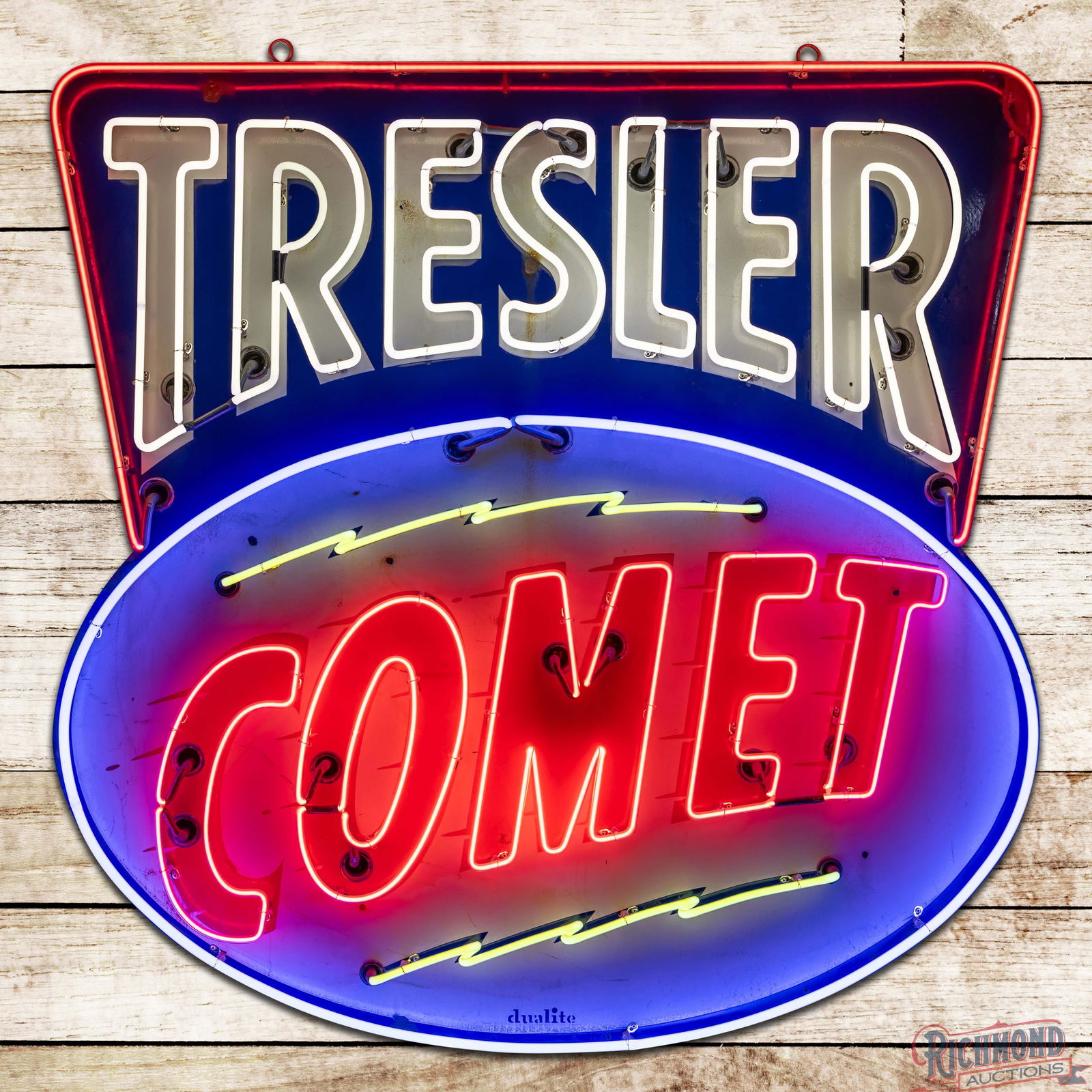Treslar Comet Gasoline Single Sided Porcelain Neon Sign w/ Logo "Animated": SSP (Single Sided Porcelain) die cut rolled edge sign with added neon and a new metal can has good color and moderate gloss. The sign features four-color neon with "Animated" lightning bolts. The disp