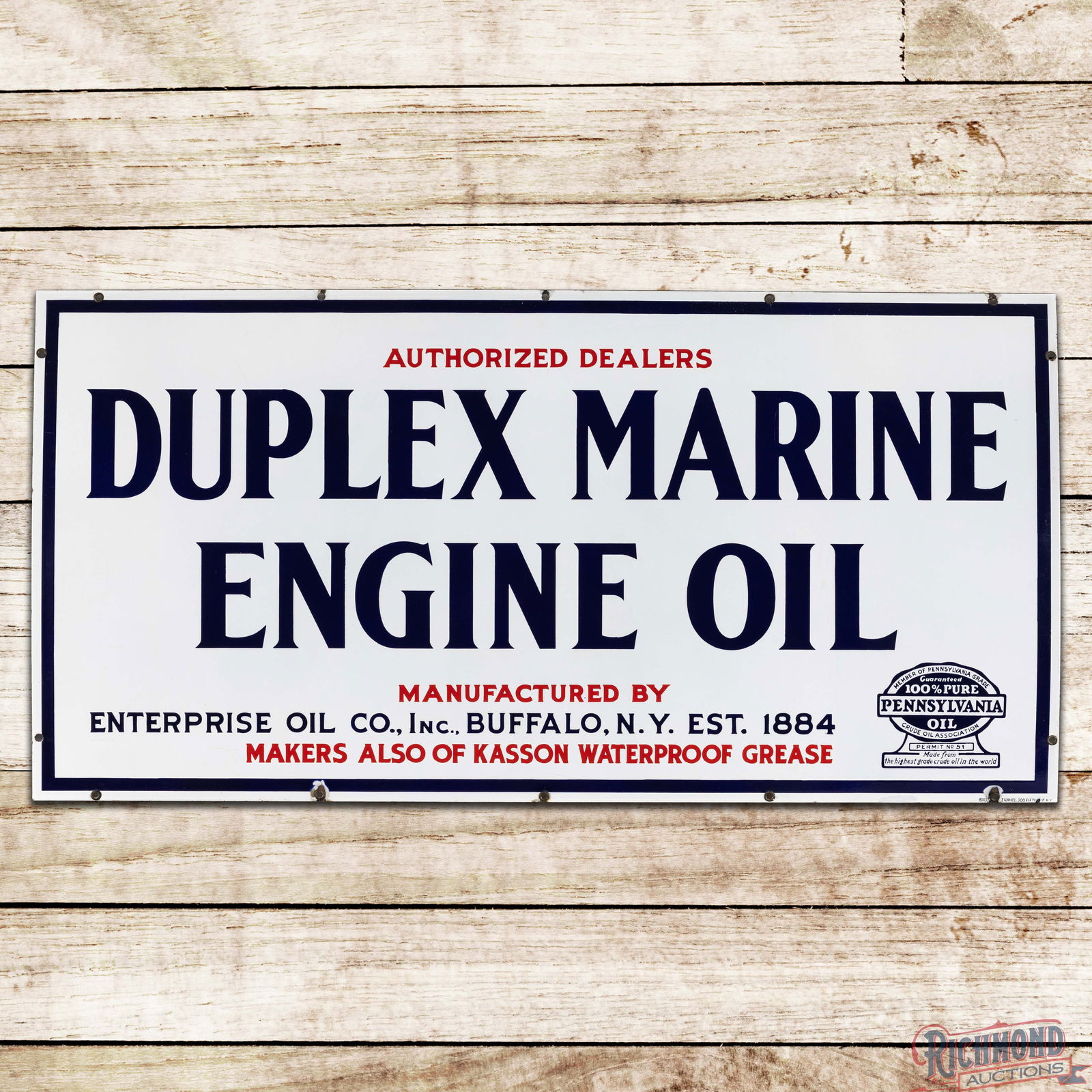 Outstanding Duplex Marine Engine Oil Authorized Dealer 4' SS Porcelain Sign w/ PA Member Logo: SSP (Single Sided Porcelain) sign has day one color and gloss. The fields are very clean overall with minor surface imperfections. The perimeter has light marks with small chips at the mounting