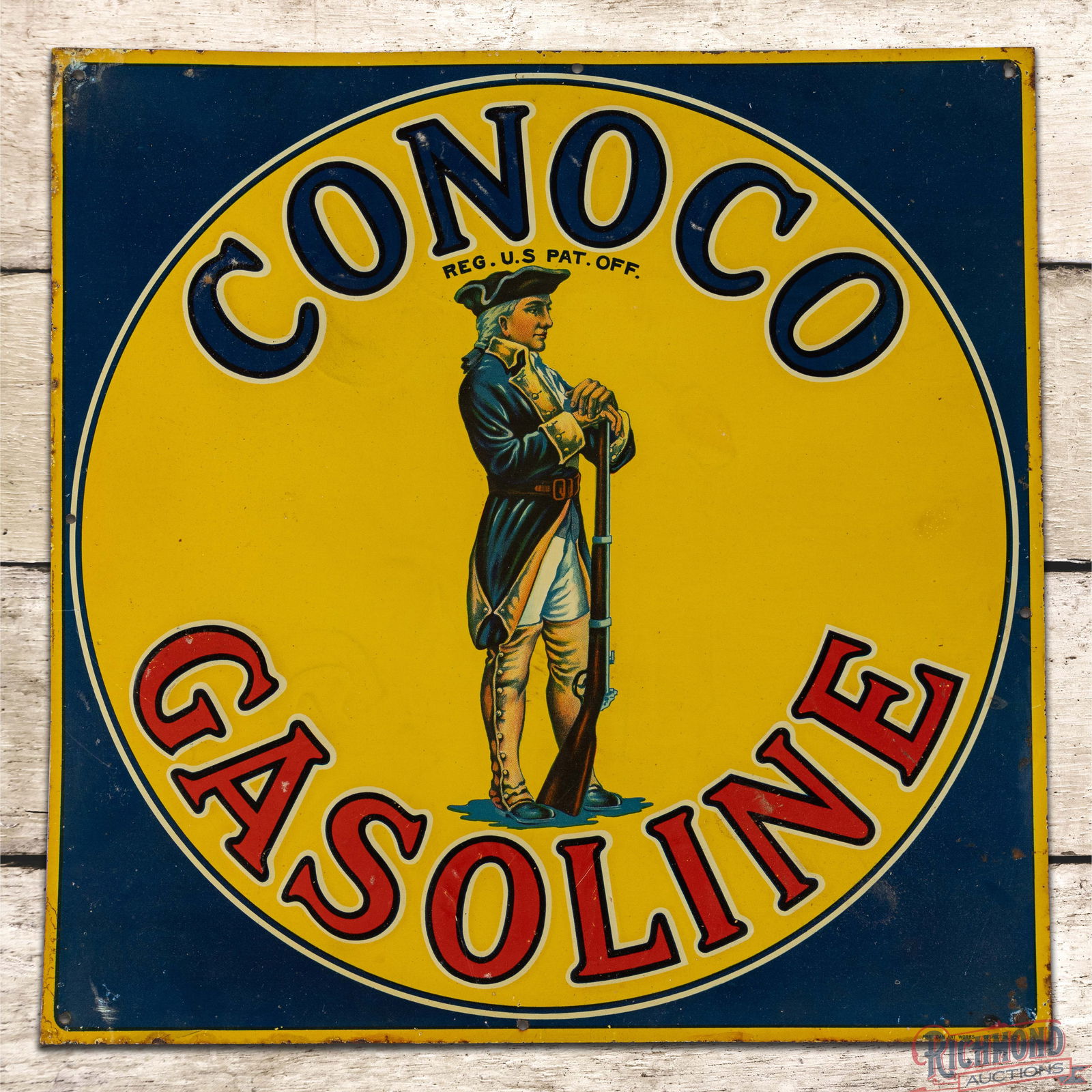Outstanding NOS Conoco Gasoline Emb. Single Sided Tin Sign w/ Soldier: NOS (New Old Stock) SST (Single Sided Tin) embossed sign has excellent color and shine. The sign features an iconic Conoco Minuteman graphic in the field with classic early Conoco colors. The soldier