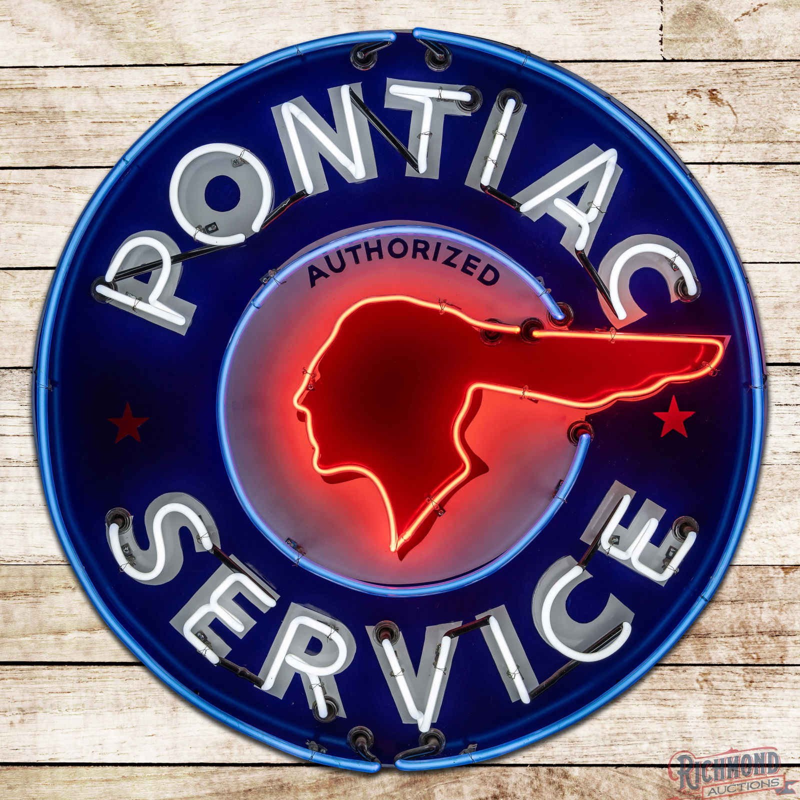 Pontiac Authorized Service 42" Single Sided Porcelain Neon Sign w/ Full Feather Logo: SSP (Single Sided Porcelain) sign with added neon and metal can has been professionally restored. The sign features the full feather logo with brilliant three-color neon. The fields and perimeter are