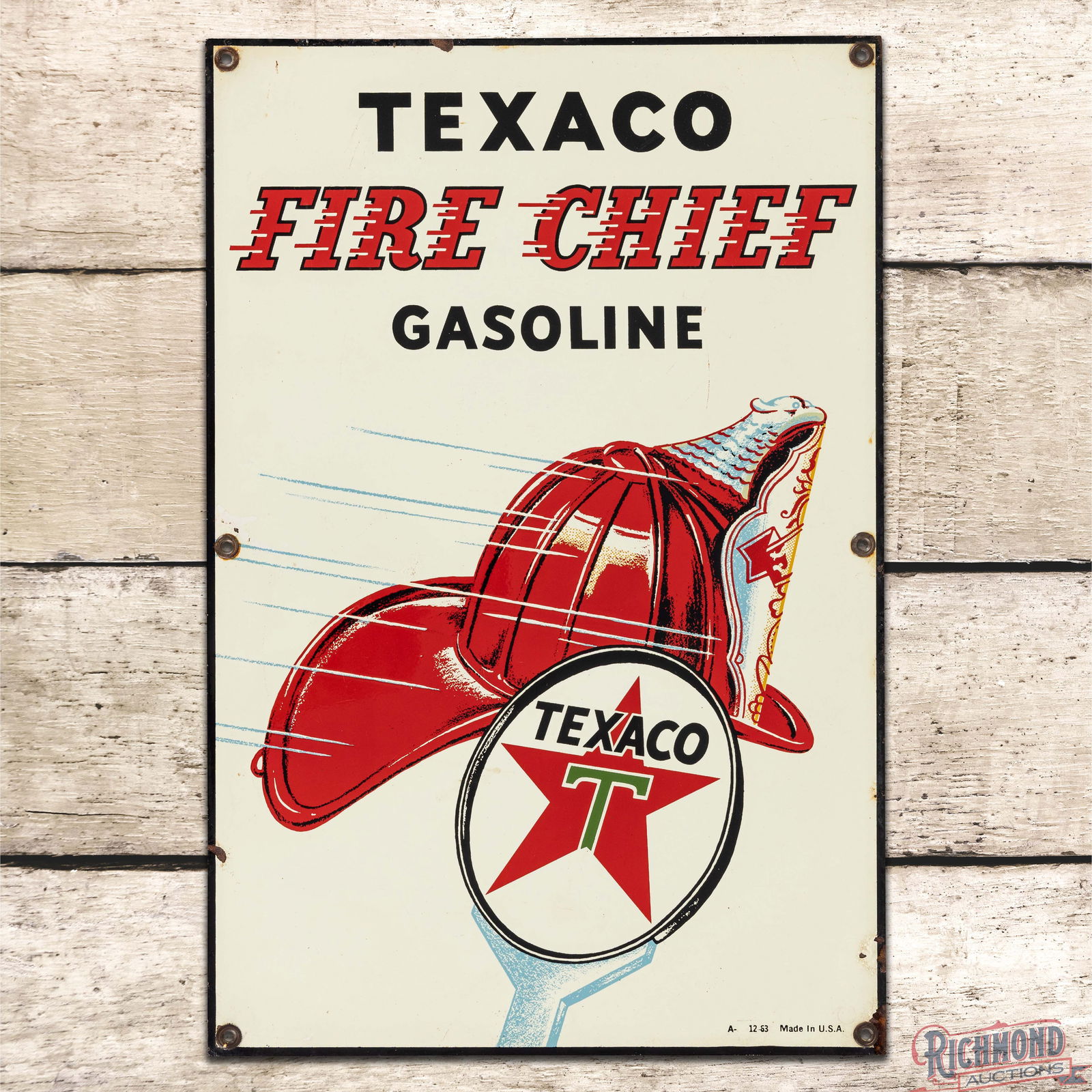 Scarce 1963 Texaco Fire Chief Gasoline Pump Plate Sign: SST (Single Sided Tin) pump plate sign has excellent color and shine. The display has minor surface imperfections. The perimeter has small paint chips, minor oxidation and a slight bend on the upper