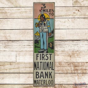 NOS 3 Miles to First National Bank Waterloo Single Sided Tin Ithaca Sign w/ Native American & Pipe