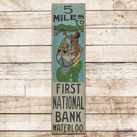 NOS 5 Miles to First National Bank Waterloo Single Sided Tin Ithaca Sign w/ Native American and