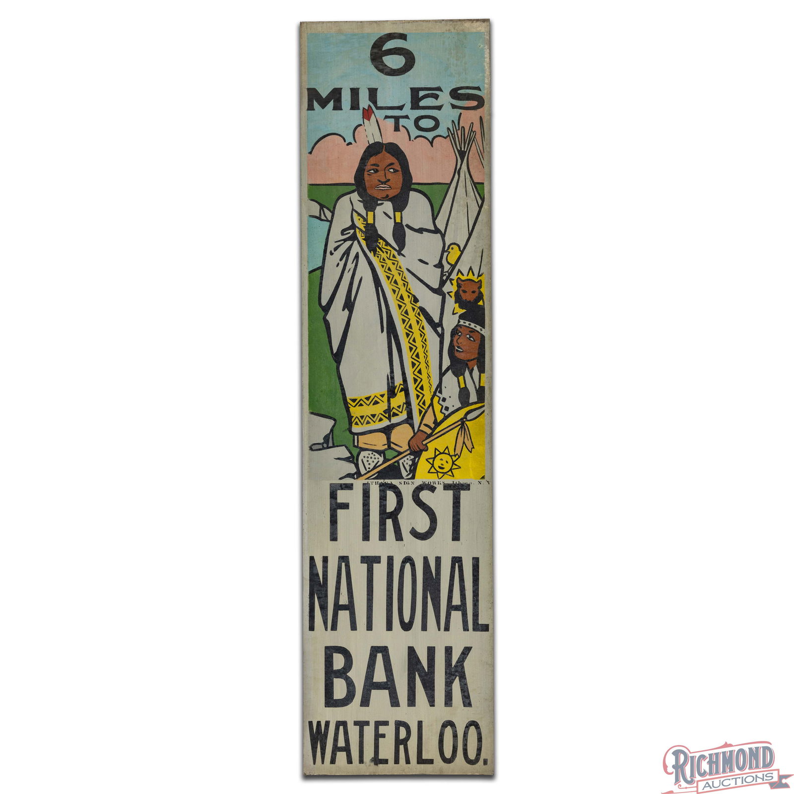 NOS 6 Miles to First National Bank Waterloo Single Sided Tin Ithaca Sign w/ Native Americans - 2