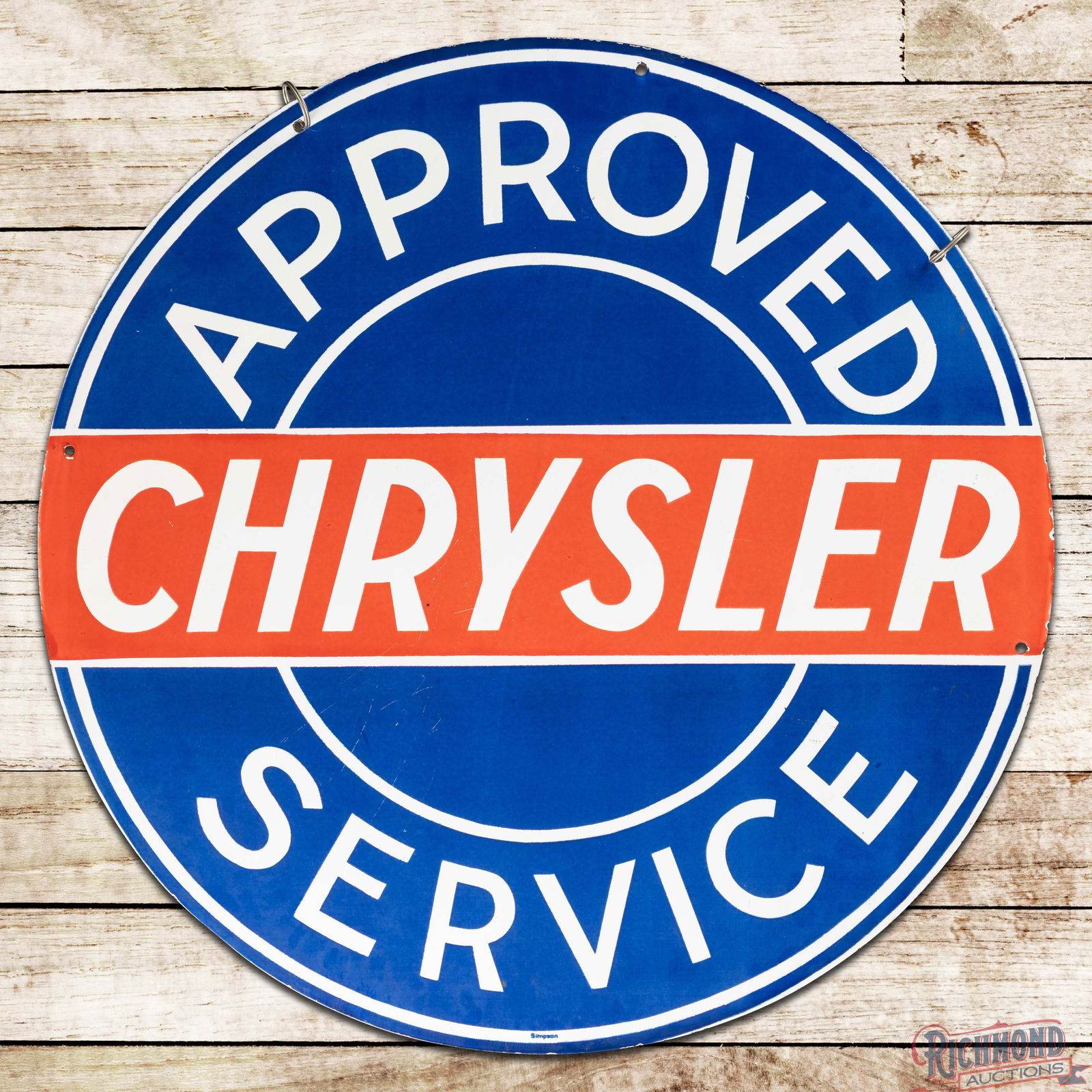 Scarce Chrysler Approved Service 30" Double Sided Porcelain Sign: DSP (Double Sided Porcelain) sign has excellent color and gloss. The display has a clean field with light wear in the outer fields. The perimeter has two added mount holes with tiny edge chips. The