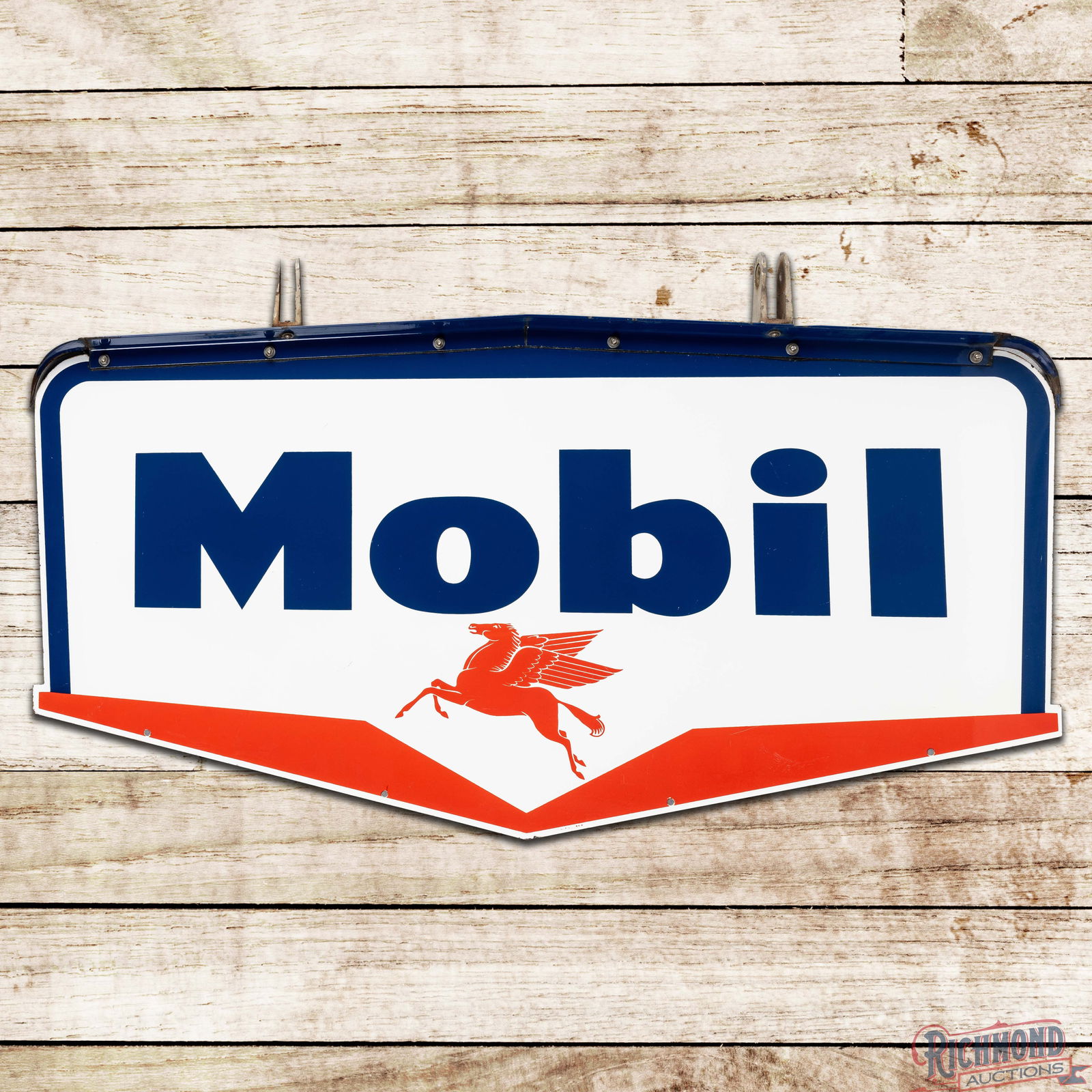 Superb Mobil Gasoline Double Sided Porcelain 5' Guillotine ID Sign w/ Pegasus and Bracket: DSP (Double Sided Porcelain) die cut sign with factory DSP (Double Sided Porcelain) upper bracket has day one color and gloss. The display has a clean field with minor surface imperfections in the