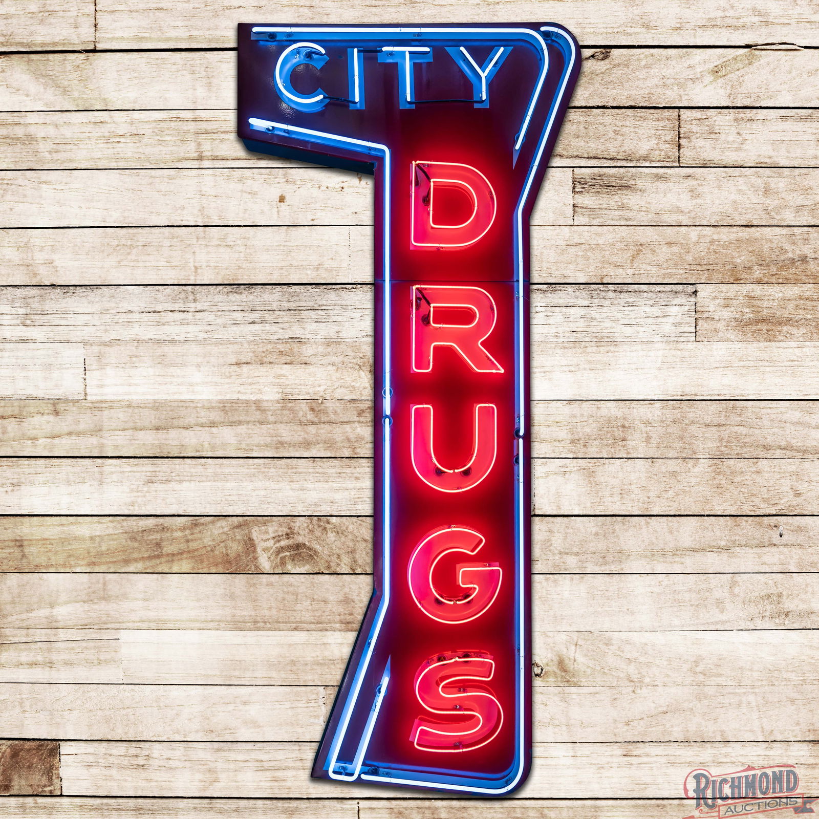 City Drugs 10' Die Cut Single Sided Porcelain Factory Neon Sign: SSP (Single Sided Porcelain) die cut multi-piece factory neon sign with a new metal can has excellent color and gloss. The sign features a unique shape with brilliant two-color neon. The field exhibit
