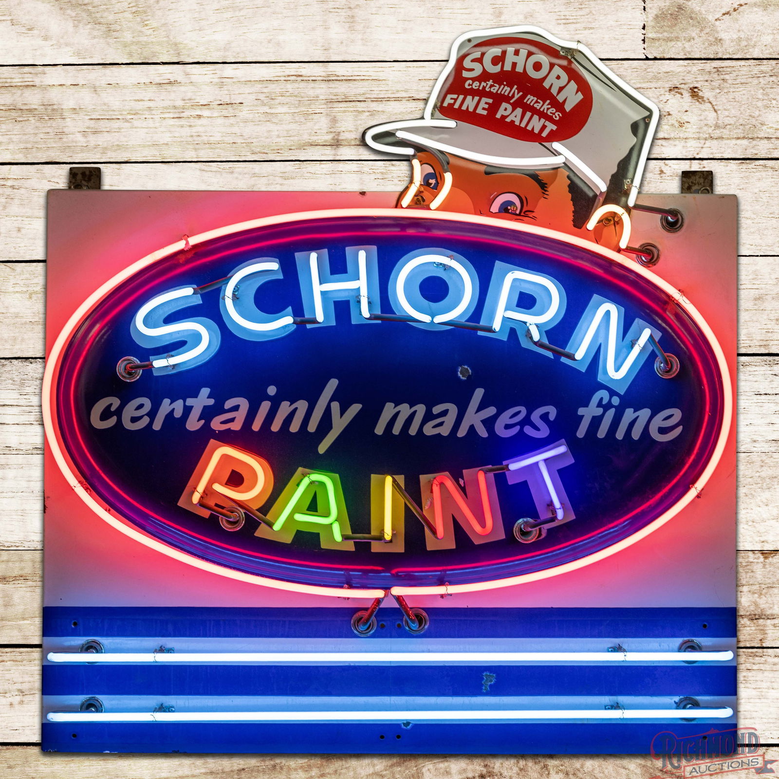 Amazing Schorn "Certainly Makes Fine Paint" 42" Die Cut Single Sided Porcelain Factory Neon Sign: SSP (Single Sided Porcelain) multi-piece factory neon sign with a metal can has good color and gloss. The sign features six-color porcelain enamel with brilliant nine-color neon. The oval "bubble" por