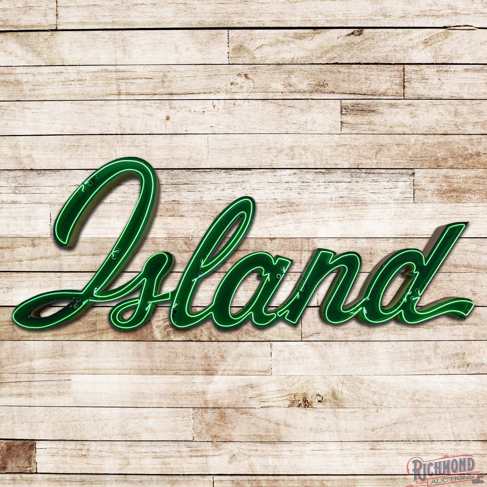 Impressive Island 17' 3D Die Cut Single Sided Tin Factory Neon Sign "Large": SST (Single Sided Tin) three-dimensional die cut sign with a metal can has excellent color and shine. The sign features repaint throughout with light wear, unused stand supports in the fields and