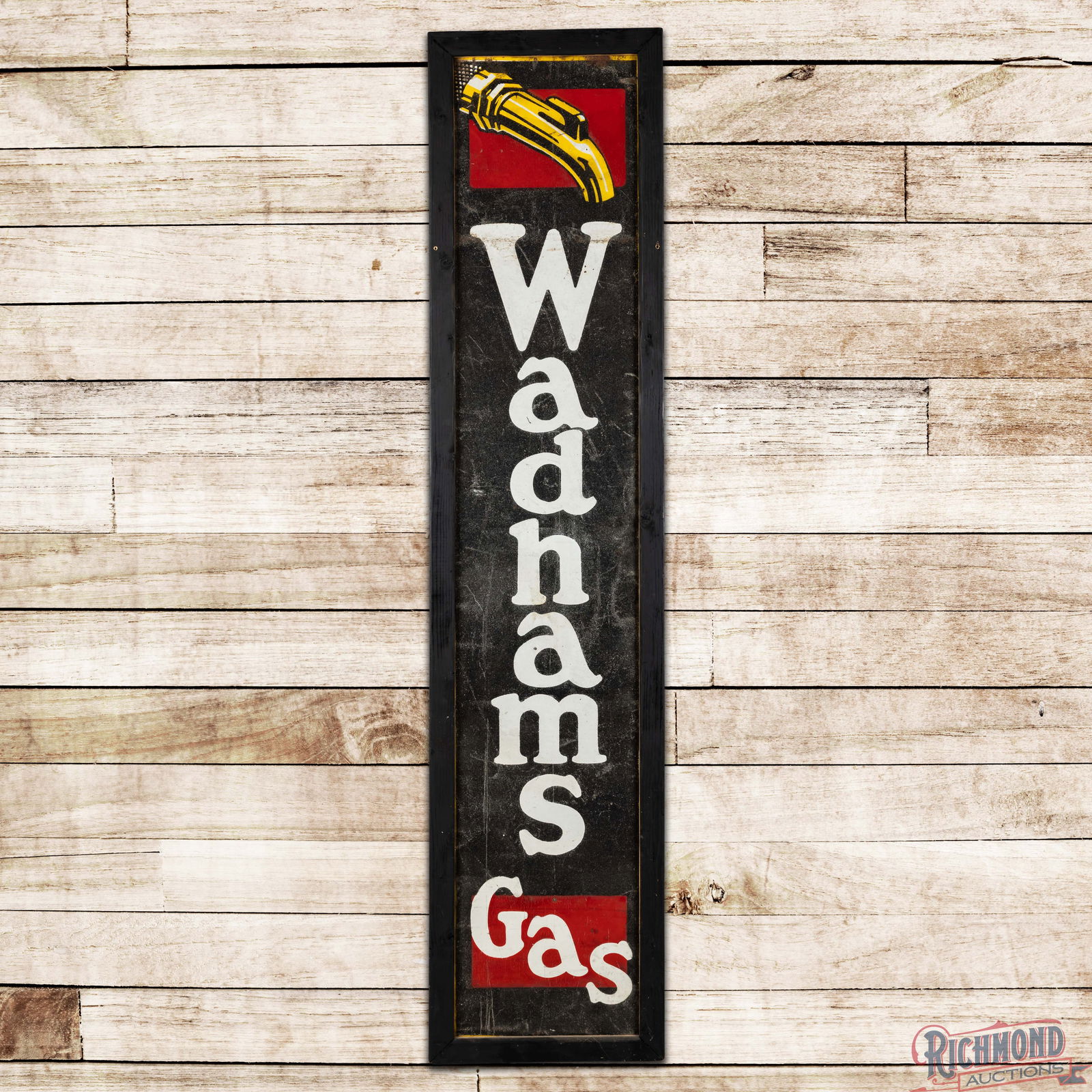 Rare Wadhams Gas 7' Smaltz Sign w/ Nozzle Logo: SST (Single Sided Tin) smaltz painted sign with an added wooden frame has good color and shine. The field has areas of general surface wear with small non-factory holes and a horizontal bend on the