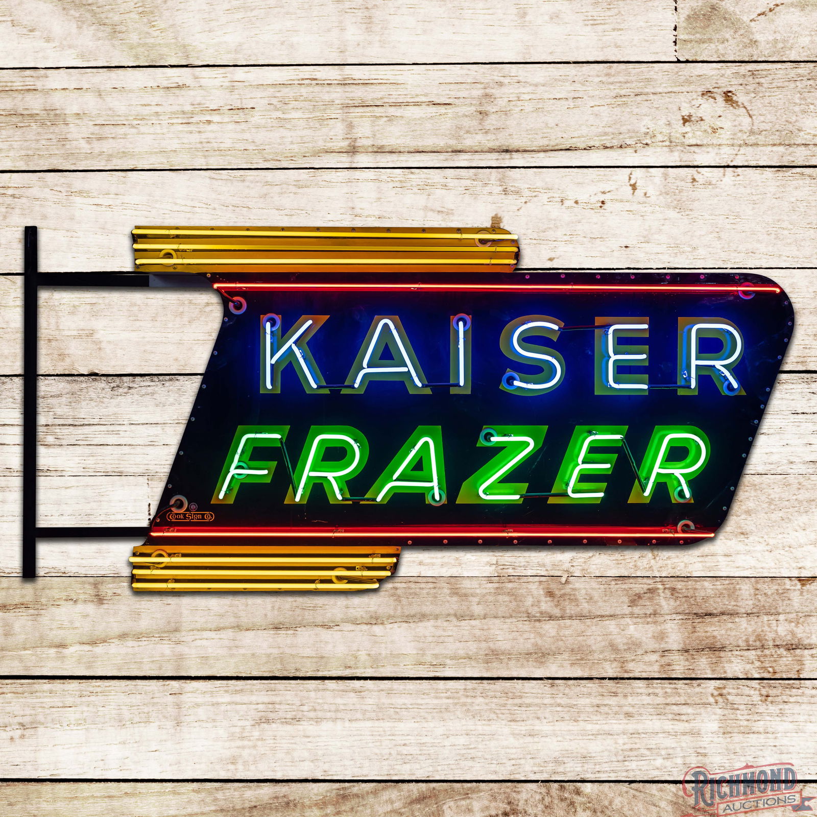 Kaiser Frazer 6' Die Cut Double Sided Porcelain Factory Neon Sign: DSP (Double Sided Porcelain) die cut sign with the original metal can has very good color and gloss. The sign features brilliant four-color neon with classic Kaiser-Frazer porcelain enamel colors. The