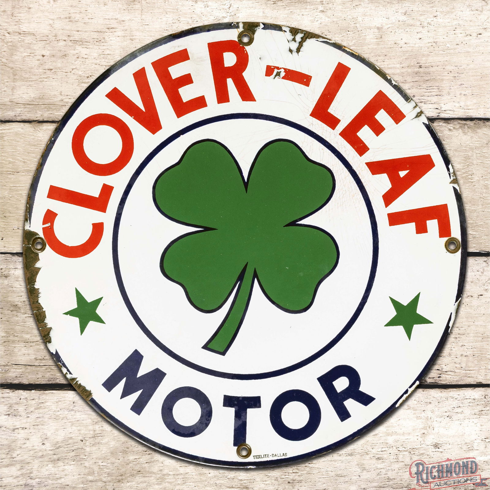 Scarce Clover-Leaf Motor Gasoline Single Sided Porcelain Pump Plate Sign Louisiana: SSP (Single Sided Porcelain) pump sign has very good color and gloss. The sign was used on gas pumps by a small chain of stations during the 1940s in Shreveport & Bossier City, Louisiana. The sign
