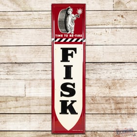 Oustanding 1948 Fisk "Time to Re-Tire" Vertical Emb. Single Sided Tin Sign w/ Fisk Boy