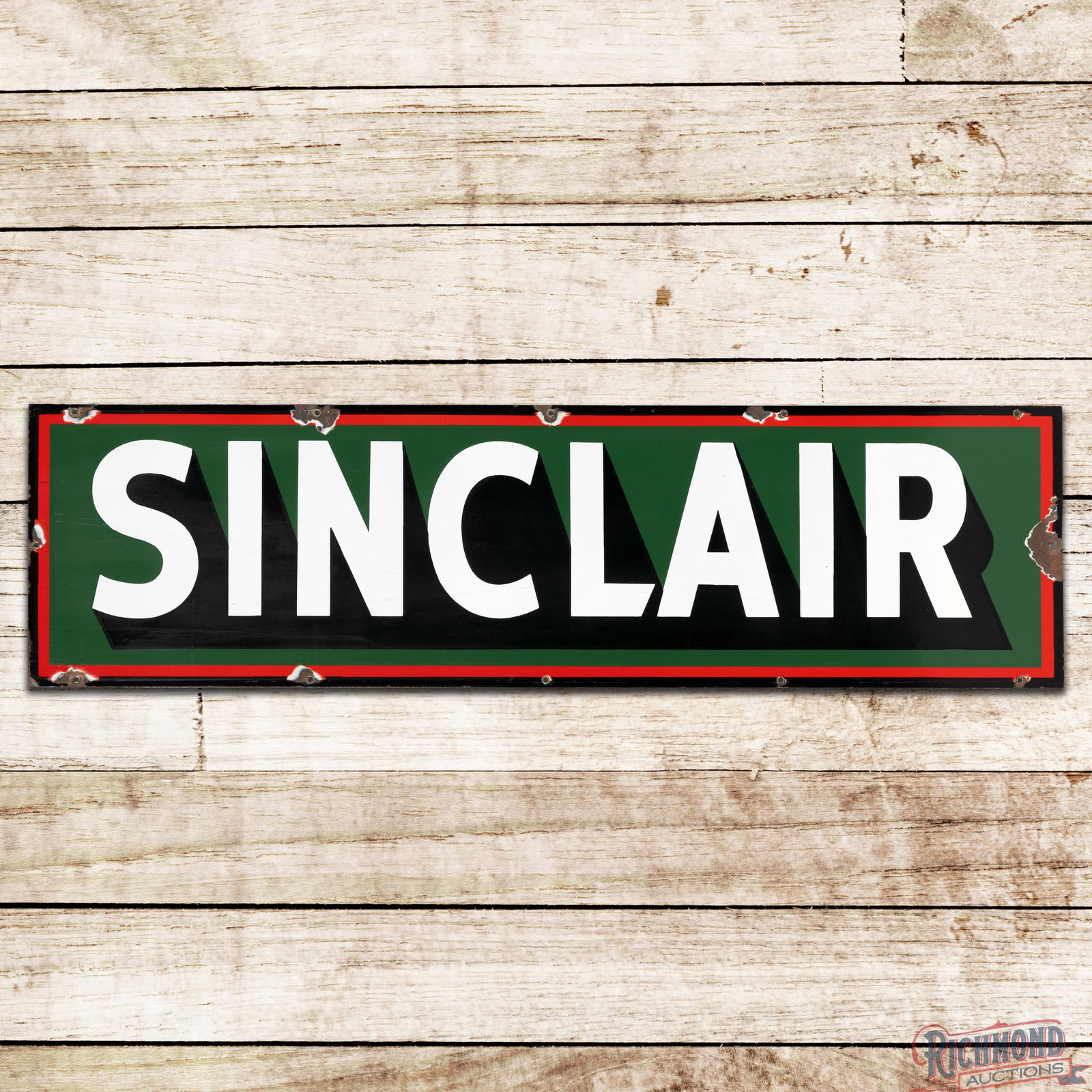 Scarce Sinclair Oils 44" Horizontal Single Sided Porcelain Sign: SSP (Single Sided Porcelain) sign has excellent color and gloss. The field exhibits light wear with fine scratches in the lettering. The perimeter has chips at the mounting holes with a tiny bend on t