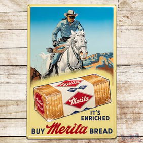 1959 Buy Merita Bread "It's Enriched" Emb. Single Sided Tin Sign w/ The Lone Ranger