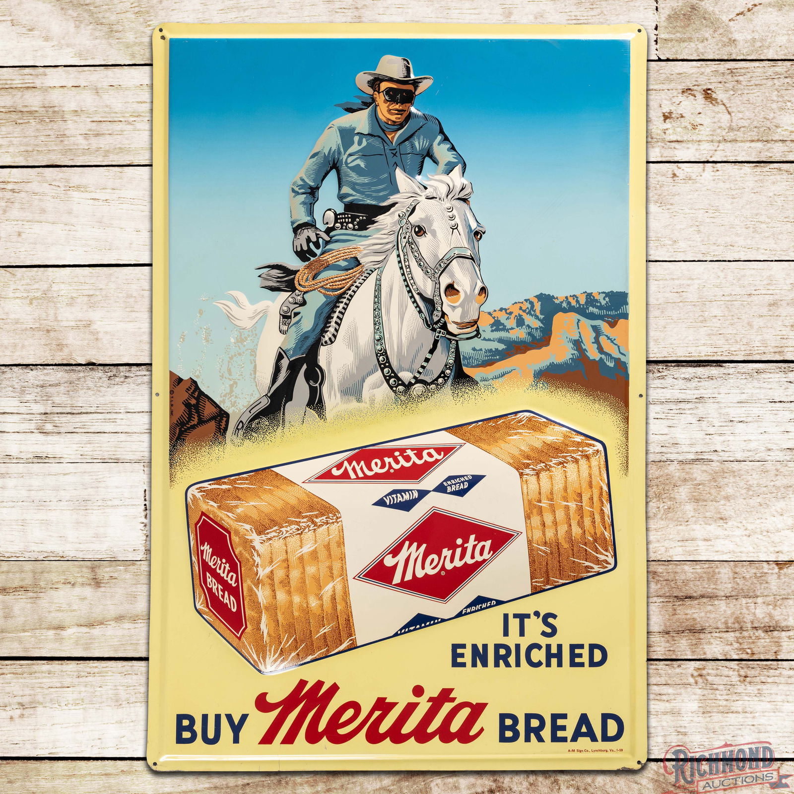 1959 Buy Merita Bread "It's Enriched" Emb. Single Sided Tin Sign w/ The Lone Ranger: SST (Single Sided Tin) embossed self-framed sign has outstanding color and shine. The sign features a heavily embossed graphic of the Lone Ranger and Merita Brad Loaf. The display has light wear with