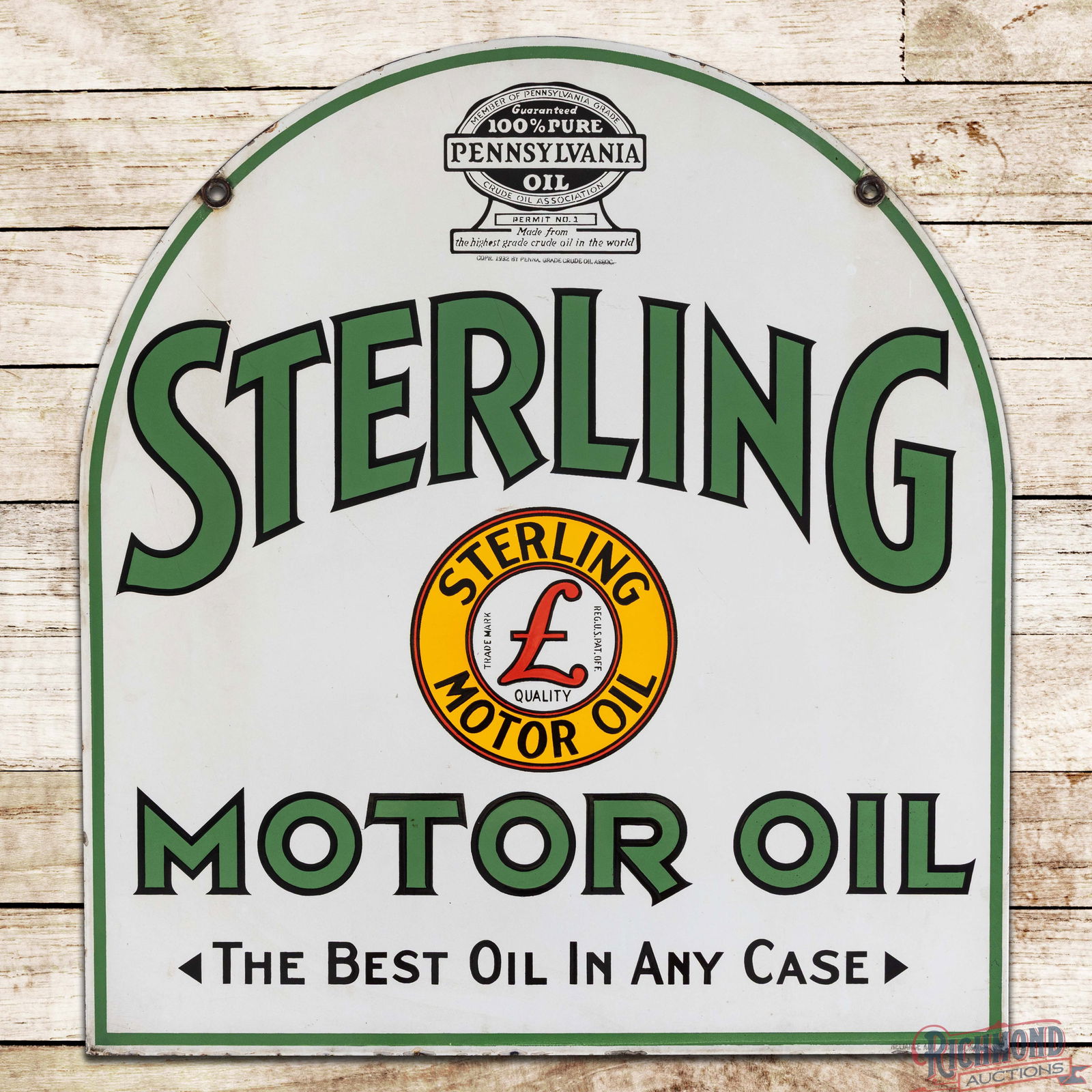 Sterling Motor Oil "The Best Oil in Any Case" Double Sided Porcelain Tombstone Sign w/ Logo: DSP (Double Sided Porcelain) tombstone sign has excellent color and gloss. Side #1 has a few tiny nicks in the fields with minor bruises and a scratch on the upper edge of the "S" in the upper left