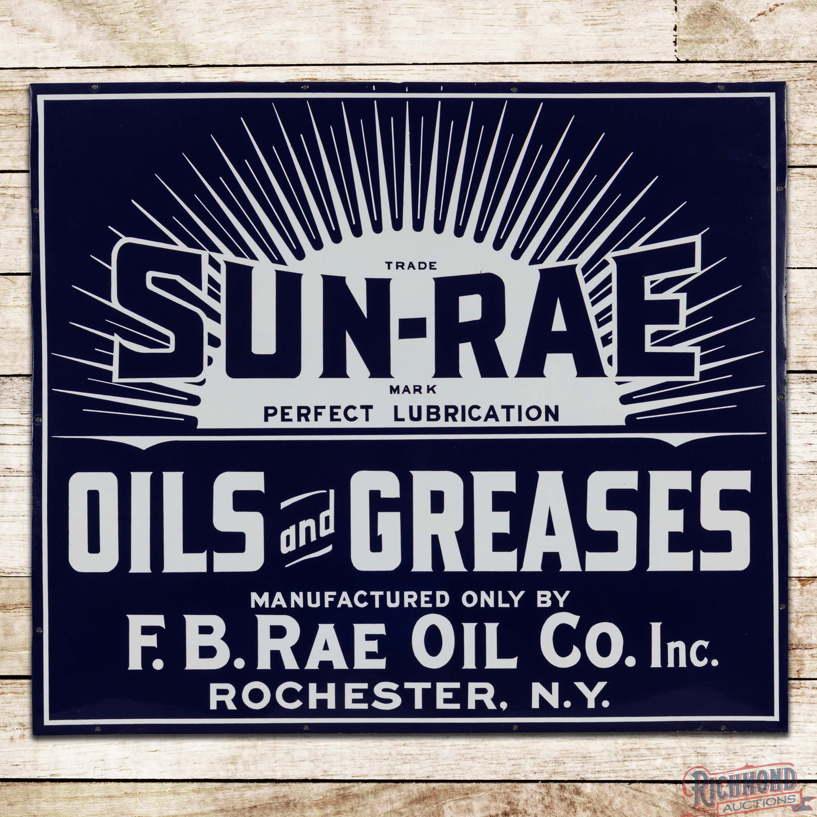 Rare Sun-Rae Oils and Greases "Perfect Lubrication" 36" Single Sided Porcelain Sign: Graphic SSP (Single Sided Porcelain) sign has outstanding color and gloss. The sign has been professionally restored and displays extremely well. The field features a large sunray graphic in the