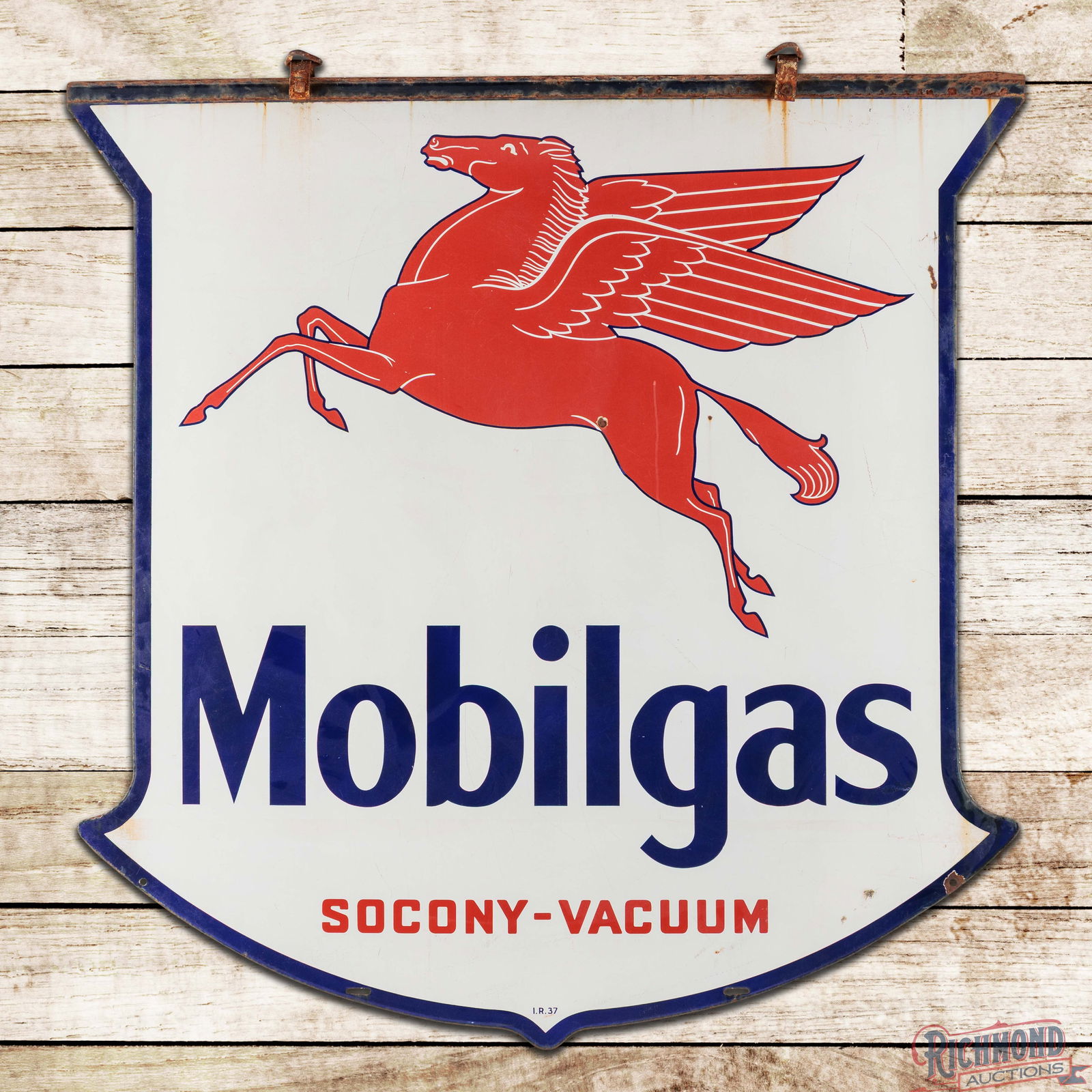 Mobilgas Socony-Vacuum 6' Double Sided Porcelain ID Sign w/ Pegasus: DSP (Double Sided Porcelain) die cut sign with factory upper bracket has good color and gloss. The display has surface wear with two small chips and marks. The perimeter has additional chips with area
