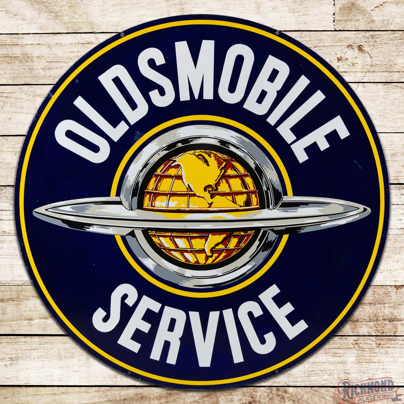 Oldsmobile Service 60" Double Sided Porcelain Sign w/ World Logo: DSP (Double Sided Porcelain) sign has excellent color and gloss. Side #1 has small chips in the logo with larger color matched chips in the outer fields and perimeter. The reverse has additional wear