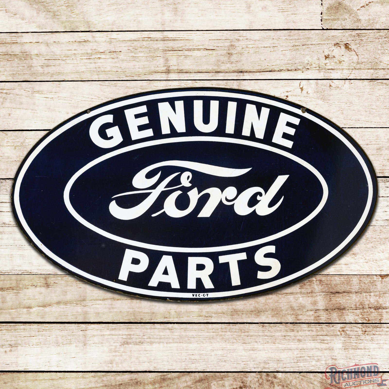 Ford Genuine Parts 41" Double Sided Porcelain Sign "Scarce Size": DSP (Double Sided Porcelain) oval sign has excellent color and gloss. The display has a clean field with light surface wear in the outer fields. The perimeter has small chips at the mounting holes and