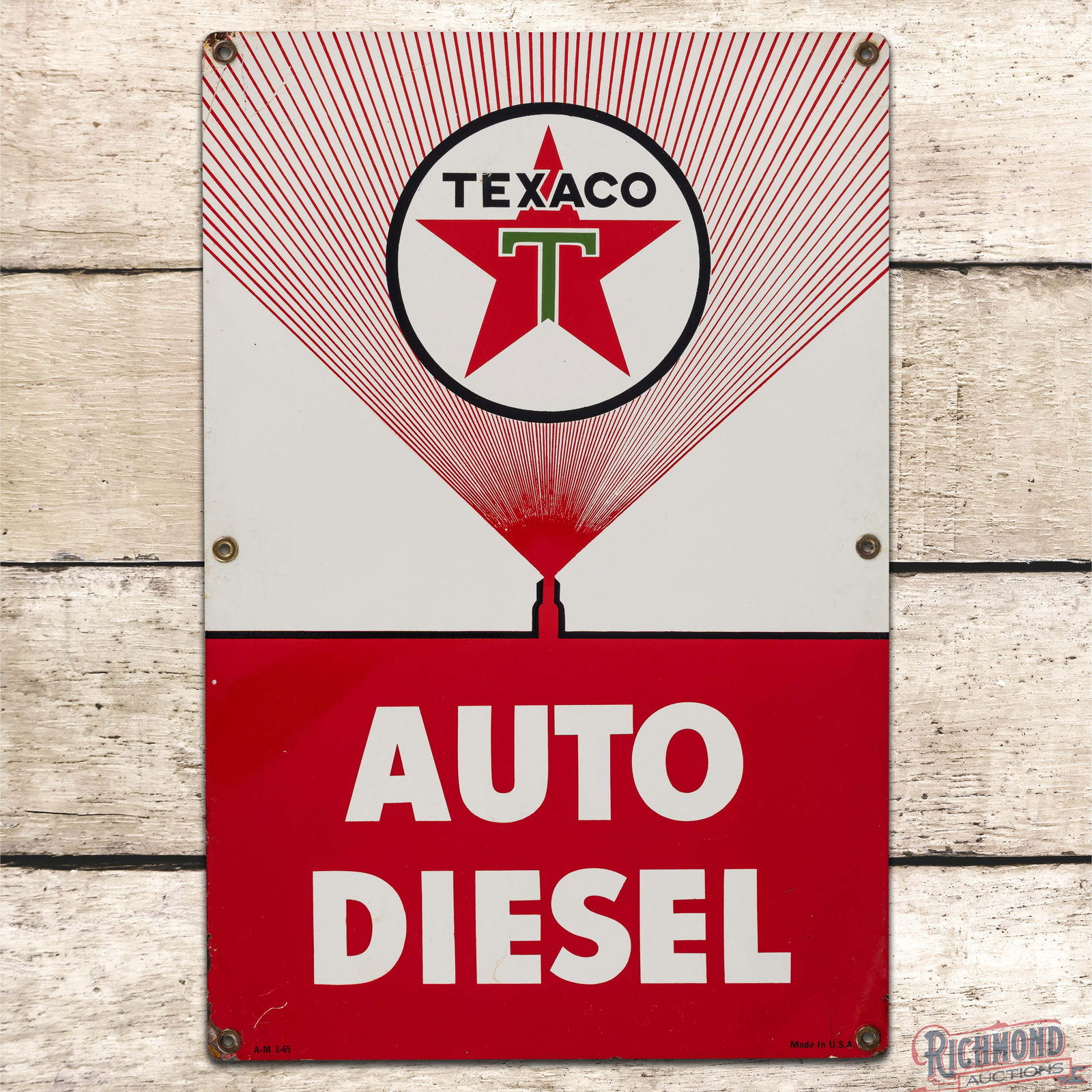 Oustanding 1965 Texaco Auto Diesel Single Sided Tin Gas Pump Plate Sign: SST (Single Sided Tin) pump plate sign has very good color and shine. The fields have minor surface imperfections. The perimeter has small scratches along the left side with small paint chips along th