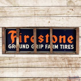 NOS 1941 Firestone Ground Grip Tires Single Sided Tin Sign w/ Wooden Crate