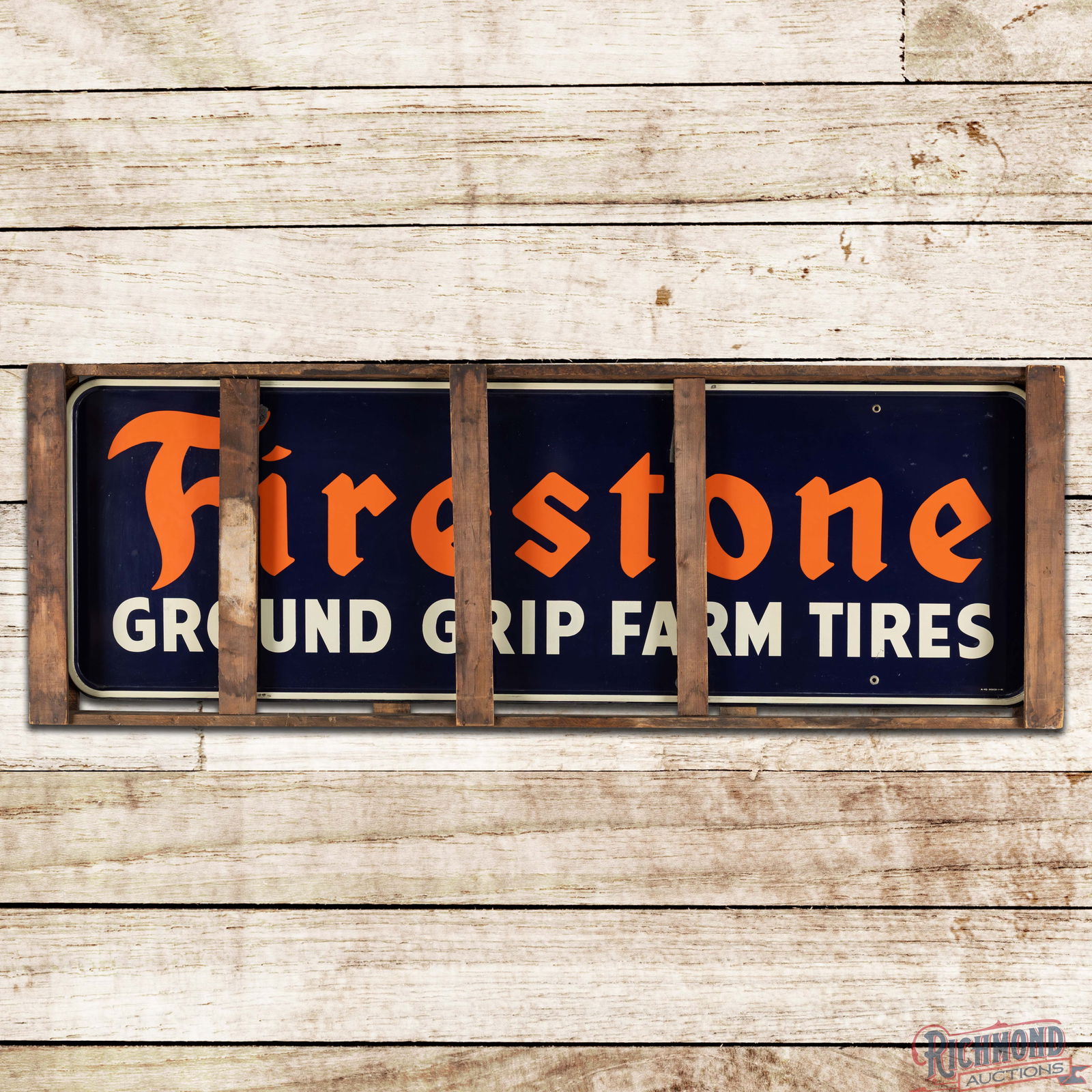 NOS 1941 Firestone Ground Grip Tires Single Sided Tin Sign w/ Wooden Crate: SST (Single Sided Tin) self-framed sign with the factory wooden crate has excellent color and shine. The field is clean with minor age and storage imperfections. The outer fields and perimeter have