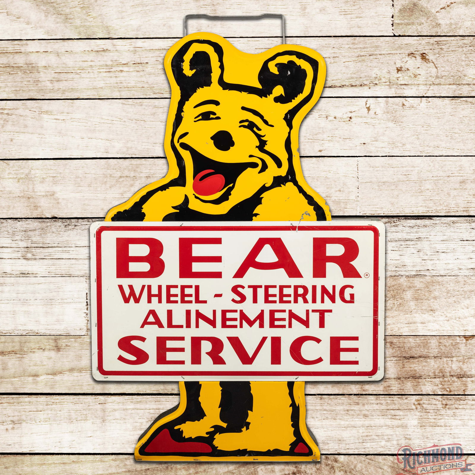 Bear Wheel Steering Alinement Service Die Cut Double Sided Tin Sign: DST (Double Sided Tin) multi-piece sign with factory can and hanger has excellent color and shine. Side #1 has light wear with fine scratches and marks in the fields. The perimeter has paint chips