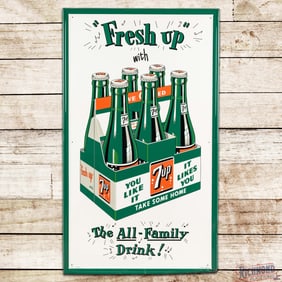 "Fresh Up" with 7up "The All-Family Drink" Emb. Single Sided Tin Sign w/ 6 Pack