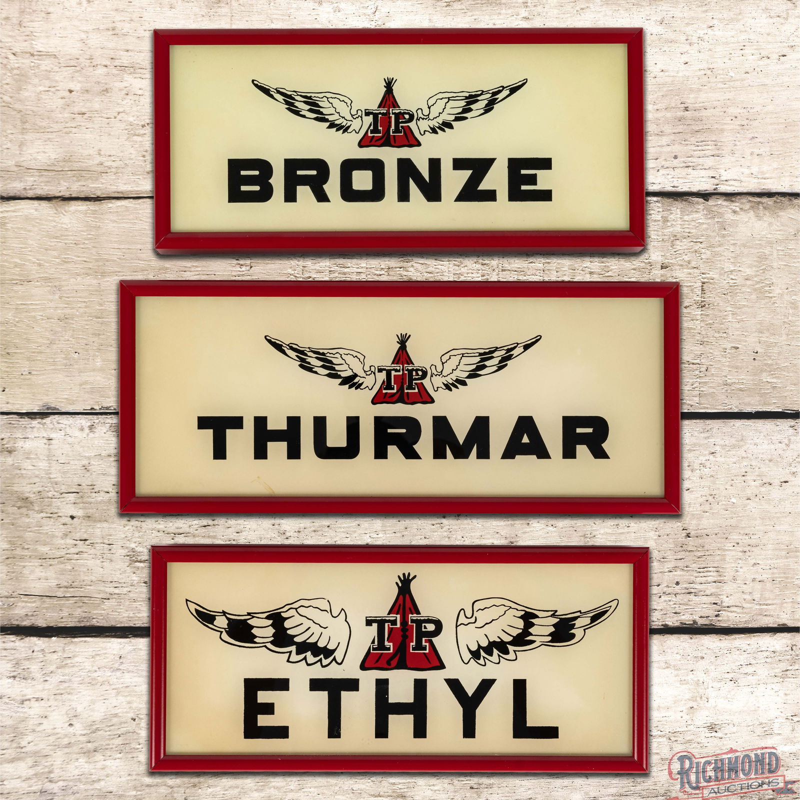 Group of 3 Rare TP Texas Pacific Gas Pump Ad Glass w/ Winged Logo Thurmar Ethyl Bronze: Fantastic group of three gas pump advertising glass. They have excellent color and have been professionally framed. They are in excellent overall condition with the Thurmar and Ethyl glass having