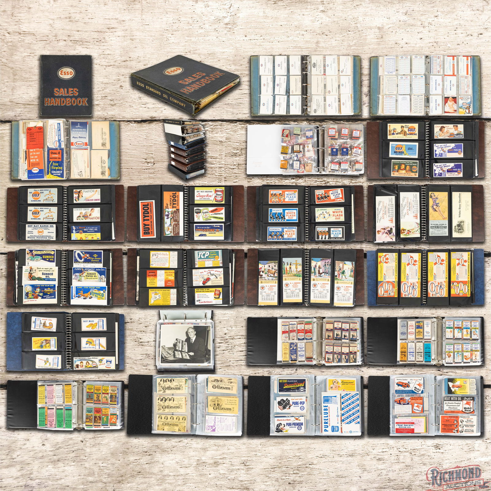 Massive Group of Service Station Items Ephemera Esso Beacon Humble & More: Outstanding service station ephemera group in 8 full binders. The group includes numerous early ink blotters from Gulf, Atlantic, Sunoco with Disney, Shell, Tydol, Amalie and more. Other items