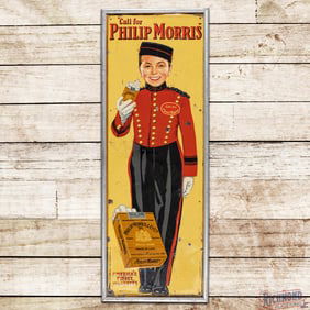 Call for Philip Morris "America's Finest Cigarette" Emb. Single Sided Tin Sign w/ Johnny