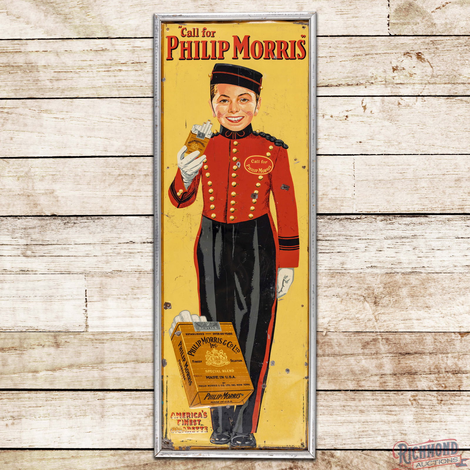 Call for Philip Morris "America's Finest Cigarette" Emb. Single Sided Tin Sign w/ Johnny: SST (Single Sided Tin) embossed self-framed sign with added wooden frame has good color and shine. The sign exhibits general wear throughout with fine scratches, non-factory holes and paint chips.