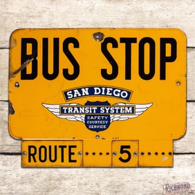 San Diego Transit System Bus Stop Route 5 Single Sided Porcelain Sign w/ Logo