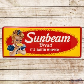 Sunbeam Bread "It's Batter Whipped" Emb. Single Sided Tin Sign w/ Little Miss Sunbeam