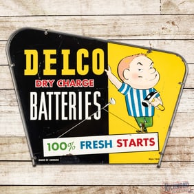 Delco Dry Charge Batteries "100% Fresh Starts" Single Sided Tin Rack Sign w/ Frame & Boy