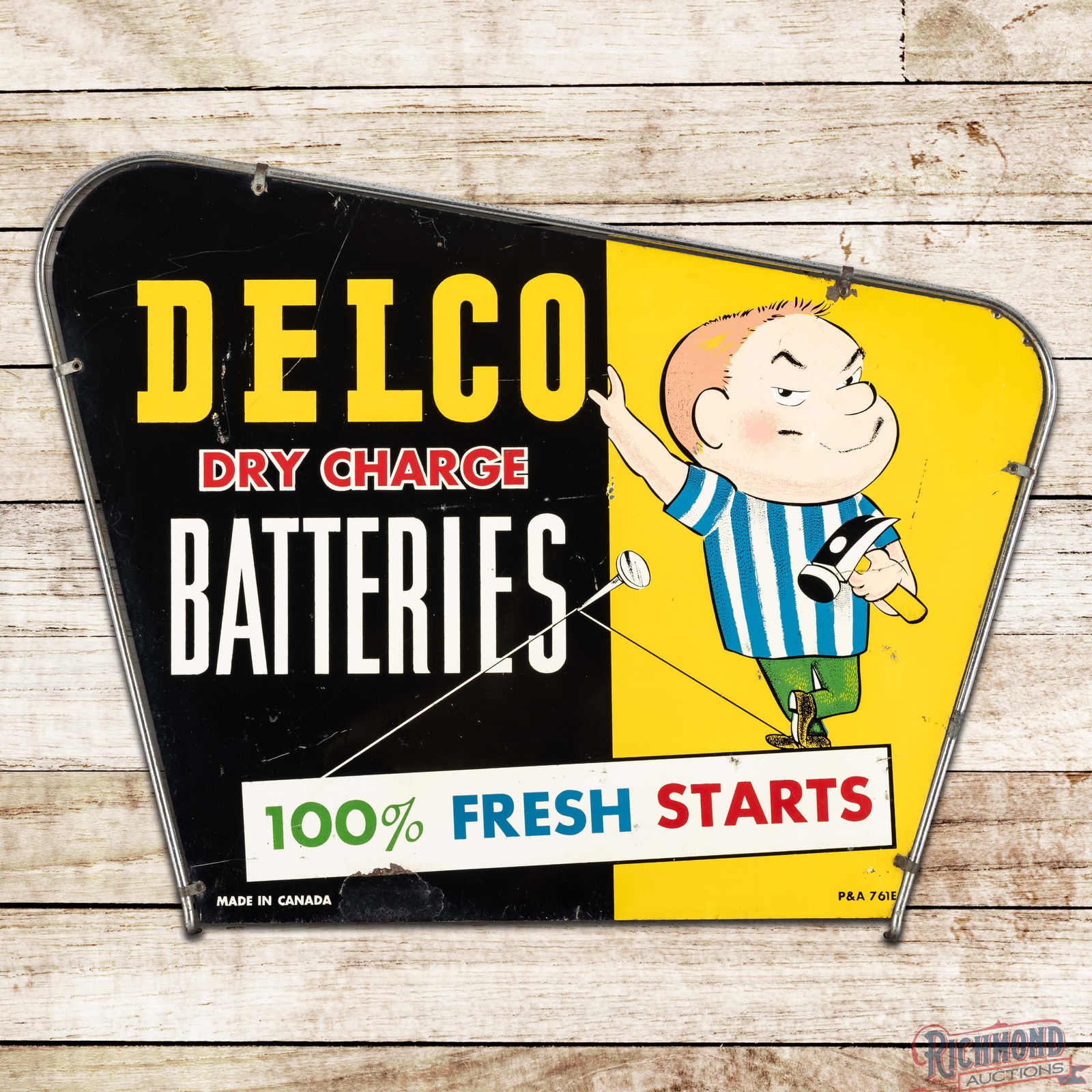 Delco Dry Charge Batteries "100% Fresh Starts" Single Sided Tin Rack Sign w/ Frame & Boy (1 of 3)